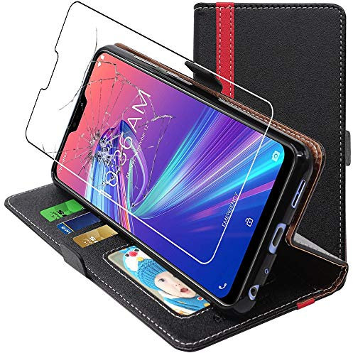 ebestStar - Cover per Asus Zenfone Max Pro M2 ZB631KL, Custodia Libro Protezione Portafoglio, Pelle PU Porta Carte, Nero/Rosso + Vetro Temperato
