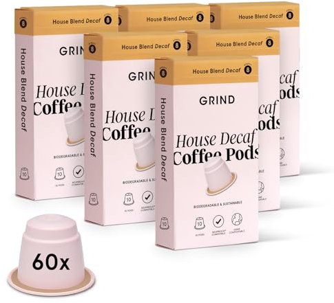 Grind Decaf House Coffee Pods – Pack of 60 Biodegradable Capsules – Naturally Decaffeinated – Nespresso® Original Compatible – Home Compostable – Barista Quality and Specialty Grade – Medium Roast
