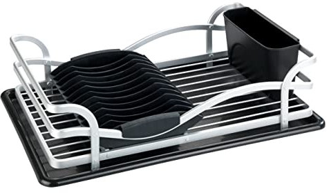 WENKO Geschirrabtropfer Alu, Abtropfgestell für Geschirr, ideal zum Abstellen neben der Spüle, aus rostfreiem Aluminium und Kunststoff, 46,5 x 13 x 31,5 cm, Silber matt/Schwarz