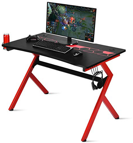COSTWAY Gaming Desk with Cup Holder and Headphone Hook, R/K-Shaped Racing Style E-Sports PC Gamer Table, Ergonomic Study Writing Computer Workstation (Black+Bed, 115 x 66 x 77cm)