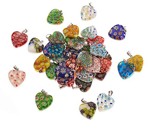 PandaHall 100 colgantes de cristal de Millefiori con forma de corazón y cierres de hierro para hacer collares y joyas, colores mezclados al azar