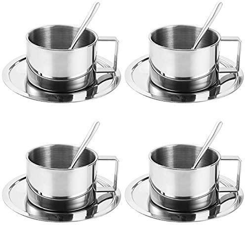 ZENFUN 4 Stück 200 ml Edelstahl-Kaffeebecher-Set, Espressotassen, doppelwandige Kaffeebecher, Trinkgeschirr für Latte, Cappuccino, Milch, Tee