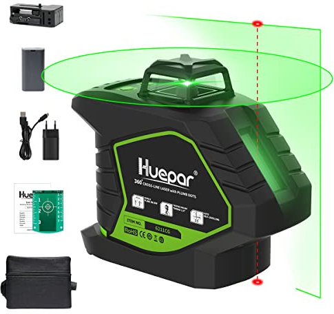 Huepar Nivel láser Autonivelante verde Línea cruzada con 2 Plumb Dots láser línea horizontal de 360 ° y / 140°Vertical -Batería de litio con puerto de Type-C y IP54 con Soporte Magnético-6211CG