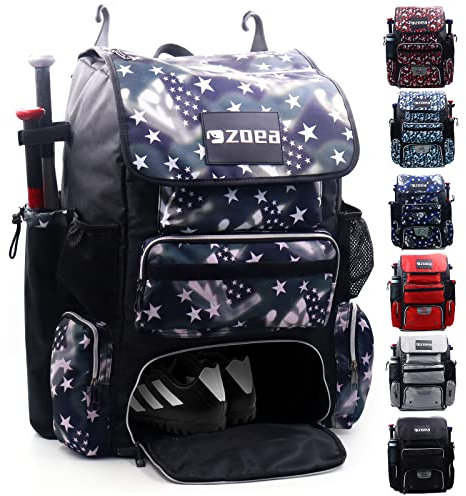 ZOEA Super großer erweiterbarer Schlägerrucksack, Baseballschlägertasche, Rucksack, T-Ball & Softball-Ausrüstung & Ausrüstung für Jugendliche und Erwachsene, Stollen, Schuhfach (Star Black)