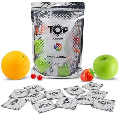 TOP Kondome 100 Stück Packung, Fruity Mix, natürlich und gefühlsecht, aus Latex, mit Reservoir, Durchmesser 53 mm, für Männer