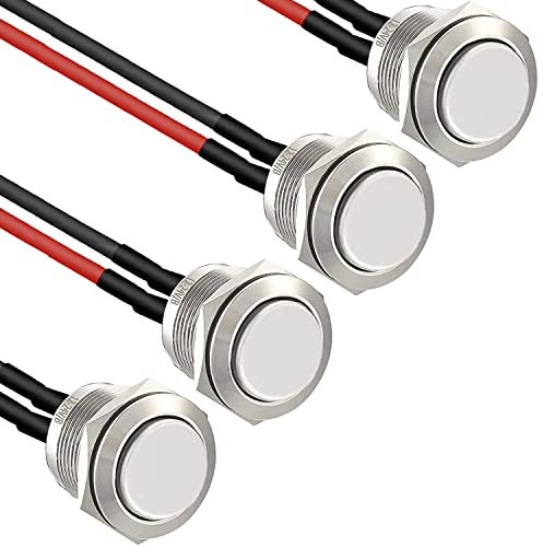 RUNCCI-YUN 4pcs 16mm Taster Wasserdicht,Metall Drucktastenschalter ,Edelstahl,12V Momentanen Druckschalter, für hupen, Klingel,Auto Runde Mini Drücken Taster (Hervorstehend) (mit Draht)