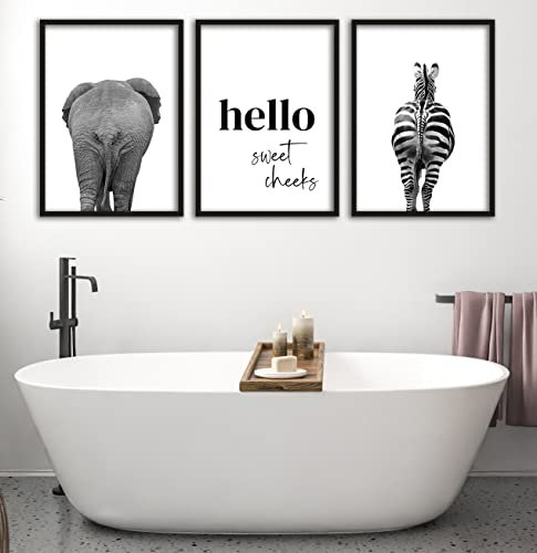 Eviepops Prints Elephant Zebra Bum Grey Set of 3 Unframed Safari Animal Prints, Hello Sweet Cheeks Quote, Funny Bathroom Decor, Home Wall Art Decor, New Home Gift, Monochrome Prints (A4)