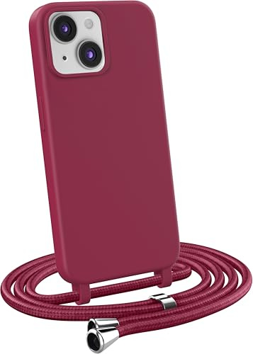 MyGadget Strap Case for Apple iPhone 14 - Crossbody Phone Cover - TPU Silicone Case with Neck Holder - Cord Lanyard Carrier with Rope in Bordeaux Red