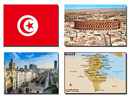 4 Stück Tunesien Kühlschrankmagnete – Tunesien Flagge Tunesien Karte Tunesien Attraktionen