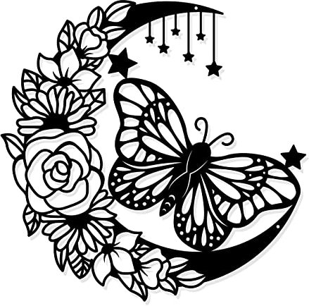 NBEADS Mond-Schmetterling-Metall-Wandkunst, 30 cm, Mondphase, Boho-Wanddekoration, schwarze Mondblume, Wanddekoration, Silhouette, Wandkunst für Zuhause, Schlafzimmer, Badezimmer, Garten, Hotel