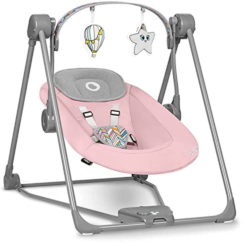 LIONELO Otto Baby Wippe, Baby Schaukel, Spielbogen mit interaktiven Spielzeugen, 5 Schaukel Geschwindigkeiten, Naturgeräusche, ab Geburt bis 9 kg, zusammenklappbar (COZY GREY) (PINK)
