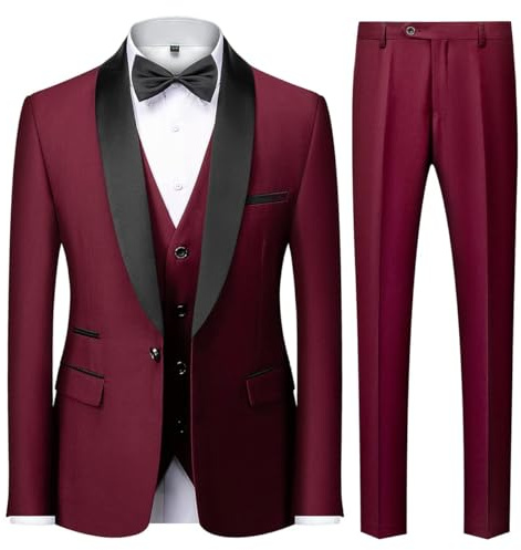 KUDMOL Herren 3-teiliger Anzug Slim Fit EIN Knopf Schalrevers Smoking Set | Klassischer Business-Anzug für Büro, Hochzeit, Abschlussball und Alltag-Blazer, Weste, Hose Set