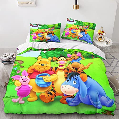 BIVEE Winnie The Pooh Bettwäsche-Set Mit Motiv Mikrofaser Steppdeckenbezug Mit Reißverschluss Mit Animation Bettbezug Und Kissenbezug Mädchen Jungen 3D-Foto-Bettwäsche 3-teiliges Double（200x200cm）