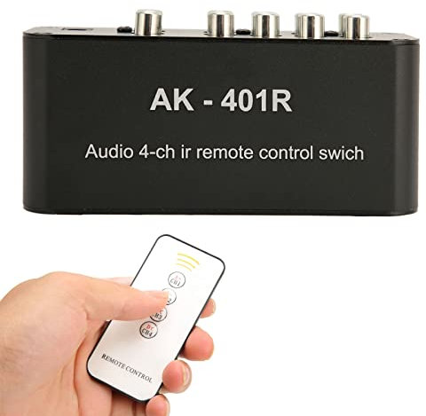4-Way RCA Switch, 4 in 1 Out Composite RCA Stereo Switch Selector, Video L R Audio Switcher Selector Box with IR Remote Control, for DVD Game Console