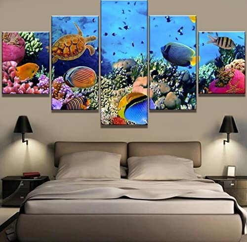 Leinwand Wandkunst, 5 Stück Unterwasser-Meeresfisch-Korallenriff Malerei Hd Poster Wandbild Kunst Auf Leinwand Wandbilder For Wohnzimmer Hauptdekoration Leinwand Gemälde Rahmenlos 200 X 100 Cm