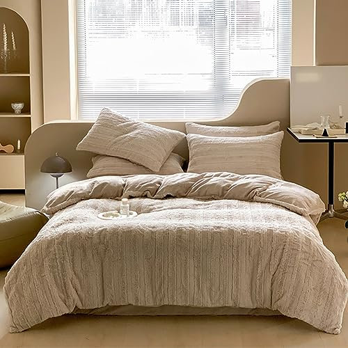 AShanlan Plüsch Bettwäsche 200x200 Winter Warme Flauschig Cashmere Touch Bettbezug Teddy Fleece Winterbettwäsche Set mit Reißverschluss und 2 x Kissenbezug 80x80 cm Beige