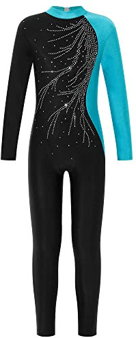 iEFiEL Mädchen Ganzkörperanzug Gymnastik Overall Langarm Turnanzug Einteiler Traininganzug Tanzanzug Wettbewerb Tanzkostüm Wd Blau Grün 134-140
