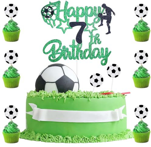 9pcs Football Cake Topper 7,Happy 7th Birthday Cake Topper Boys,Football Cake Decoration 7,1 Topper with 8 Soccer Cupcake Birthday Decorations