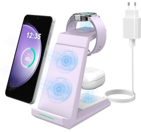 Induktive Ladestation für Samsung，ADADPU Kabelloses Ladegerät 3 in 1 Kompatibel für Galaxy Watch 7/6/5/5 Pro/4/3/Active 2，Wireless Charger für Samsung S25 S24 S23 S22 Ultra S21 Note 20 Galaxy Buds
