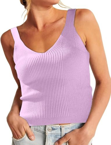 ELFIN Damen Strick Tank Top Sommer Sexy Crop Top Kurz Ärmellose Strickoberteil V Ausschnitt Slim Fit Basic Shirt Knit Tops (S, Süßes Lila)