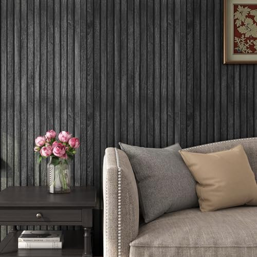 Stickyart 24x160 Oak Wooden Slat Wallpaper Peel and Stick Wood Slat Wallpaper Self Adhesive Vintage Black Shiplap Contact Paper for Bedroom Walls Countertops Removable Wood Slat Wall Panel Waterproof