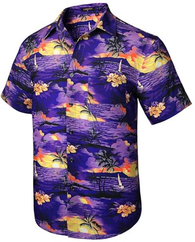HISDERN Chemise hawaïenne pour Hommes à Manches Courtes Funky Aloha Chemises de fête Été Plage Vacances Chemise hawaïenne Violet 3XL