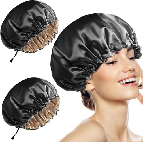2 Pack Shower Cap, Black Silk Hair Wrap for Sleeping, Adjustable Double Layer Hair Bonnet with Wide Elastic Band, Reusable Sleep Bonnet for Long, Straight and Curly Hair