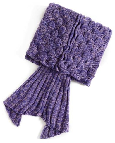 CHILDWEET Meerjungfrau Decke Sofadecke mit Fischschwanz gestrickte Decke Meerjungfrau Decke handgefertigte gestrickte Meerjungfrauendecke Fischschuppenmuster Klimadecke Violett