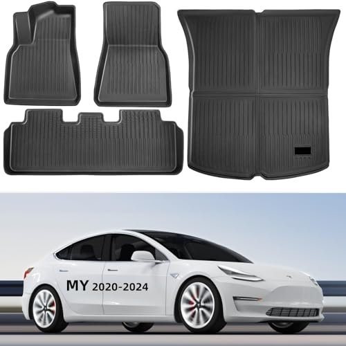 Bsteciar Tesla Model Y Fußmatten Set, 4-teilige TPE Allwetter-Fussmatten für Tesla Model Y 2020-2024 5-Sitzer, wasserdichte & rutschfeste 3D-Innenmatten, inkl. Kofferraummatte, Tesla Zubehör