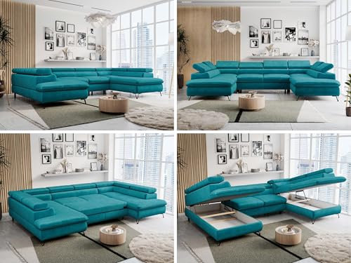 MKS MEBLE Sofa U-Form Blau, Wohnlandschaft U-Form, Sofa mit Schlaffunktion und Bettkasten, Schlafsofa mit Bettkasten, Couch mit Verstellbare Kopfstützen - Peter U - Hellblau Velvet