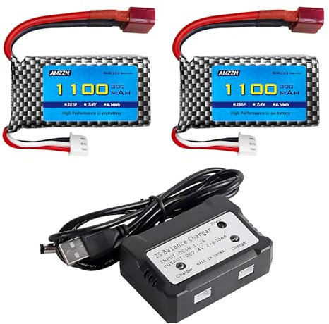 AMZZN Lot de 2 Batteries Lipo 7.4V 2S 1100mAh 30C avec Chargeur 2 en 1 Compatible avec 18859 18858 16889 300E 302E HS181 2845 Q903 Q901 1/10, 1/12, 1/16, 1/1/1/16 18 Rapport Voiture radiocommandée
