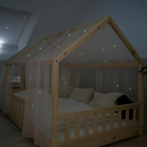 lilimaus Hausbett Himmel mit leuchtenden Sternen - Betthimmel Hausbett Deko - Geschenk Mädchen & Jungen - Himmelbett Vorhänge für 90x200 & 120x200 Kinderbetten - Leuchtsterne Kinderzimmer Deko