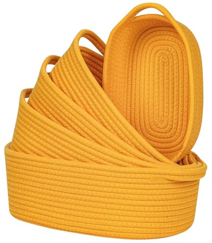 CubesLand Small Cotton Rope Storage Basket Set 5, Rectangular Shelves Baskets for Organizing with Handle, Decorative Closet Storage Bins for Countertop Toilet Paper Basket for Toilet Tank Top, Yellow
