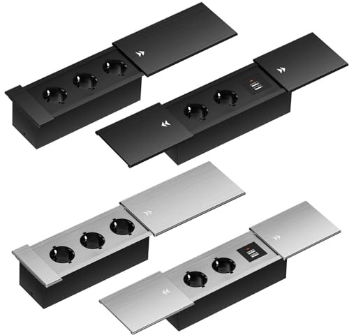 Onpira® Einbausteckdose Slim in 2 Farben Silber oder Schwarz und in 25 Ausführungen 2x Schuko, 3x Schuko + 1x Internet, 4x Schuko oder 3x Schuko + 2x USB auswählbar (Modell B / 4-Fach, Schwarz)