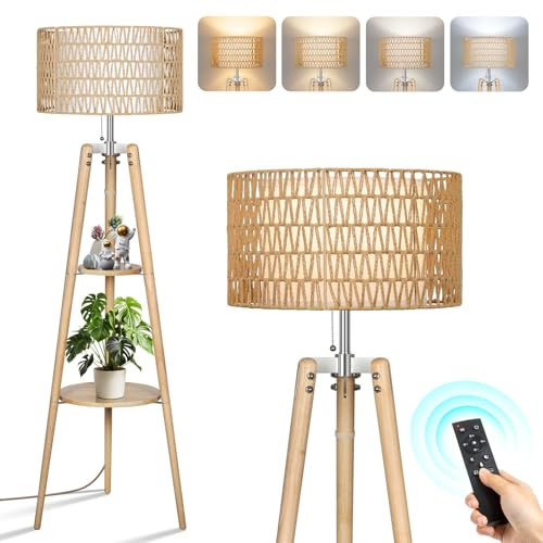 OUTON Wood Tripod Floor Lamp with Rattan & Linen Double Shades, Dimmable & Adjustable Color Temperature, Farmhouse Standing Lamp with Remote, Boho Floor Lamp with Shelves for Living Room, Bedroom
