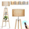 OUTON Wood Tripod Floor Lamp with Rattan & Linen Double Shades, Dimmable & Adjustable Color Temperature, Farmhouse Standing Lamp with Remote, Boho Floor Lamp with Shelves for Living Room, Bedroom