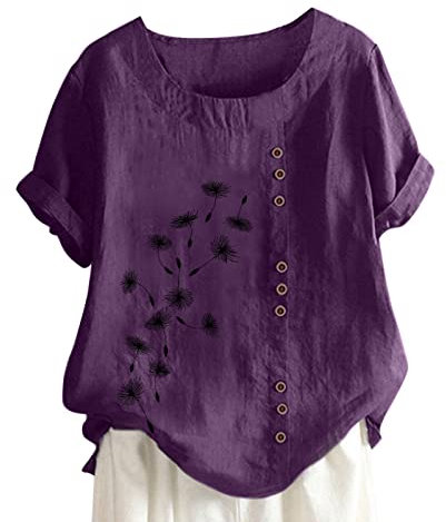 T Shirts for Women UK Cotton Linen Short Sleeve Ladies Tops Round Neck Button Solid Color Shirt Blouses Summer Comfy Soft T-Shirts for Home Street Wear