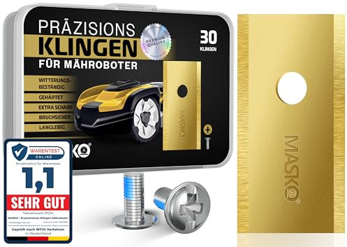 MASKO® Ersatzmesser Klingen für Mähroboter | Rasenmäher Messer universal inkl. innovativen Schrauben | Ersatzklingen Rasenroboter langlebig Titan-Beschichtung Kompatibel mit Worx 30 Stück