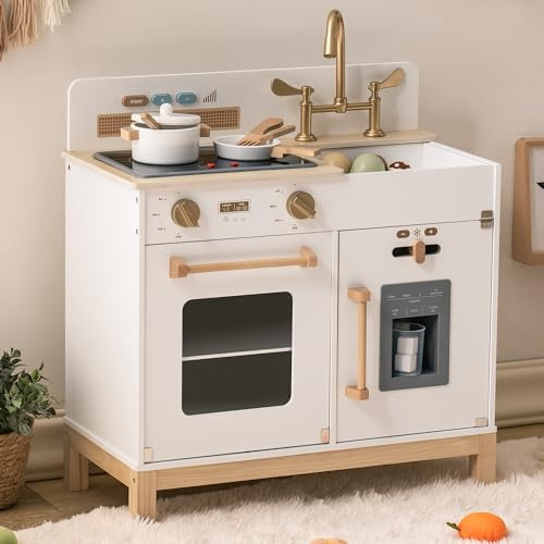 ROBOTIME Wooden Toy Kitchen, Kids Pretend Play Montessori Playsets, Cooking Role-Play Toddler Kitchen with Light & Sound Stove, Ice Dispenser - Educational Gift for Children Age 3+ (Creamy White)