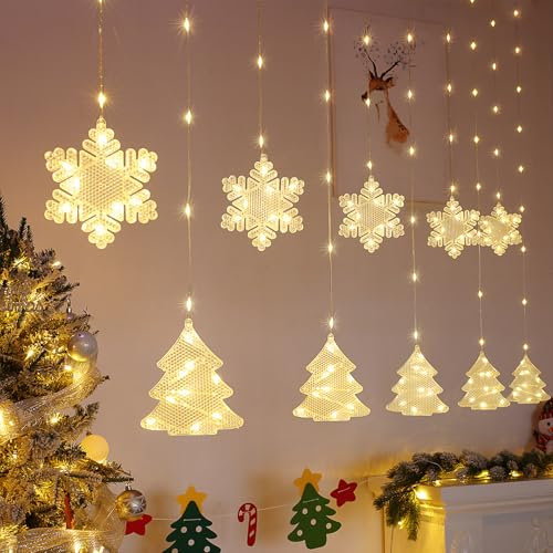 BLOOMWIN Christmas Window Lights Indoor - 2M 160 LED Snowflake Curtain Hanging Fairy String Icicle Lights for Xmas Bedroom Wall Party Outdoor, Warm White USB