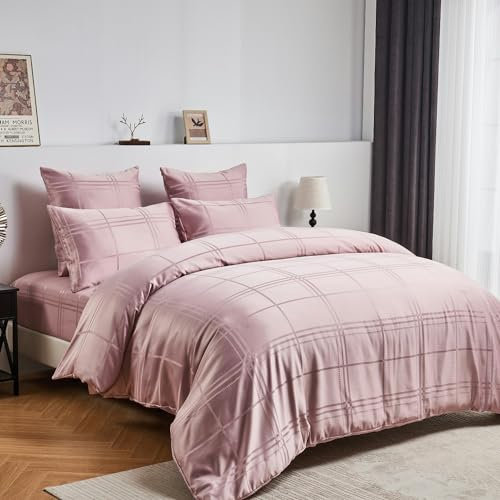 Luowei Parure de lit en satin rose, 135 x 200 cm, à carreaux, soie lisse, brillante, parure de lit d'été, housse de couette rafraîchissante en microfibre avec fermeture éclair et taie d'oreiller de 80