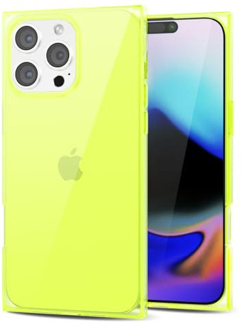 Svanove for iPhone 16 Pro Max Clear Case Square Rectangle Edge, Transparent Aesthetic Trendy Girly Neon Bright Silicone Rubber Phone Case for Women, Thin Slim TPU Bumper Protective Cover, Neon Green