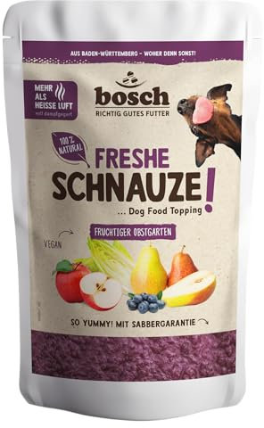 Bosch Freshe Schnauze - Fruchtiger Obstgarten 1 x 200 g | Topping für Hundefutter | Für Trockenfutter und Nassfutter geeignet | mit frischen Äpfeln, Birnen & Blaubeeren