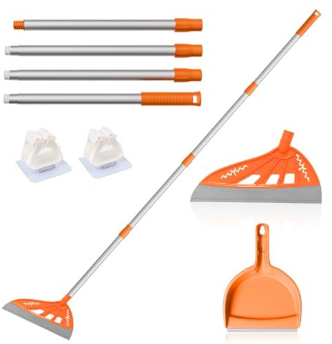Magic Air Broom with Dustpan, Household Silicone Broom, Multifunction Squeegee and Fixed Scraper, MagicBroom with Extra-Long Adjustable Aluminum Handle for Floor, Glass, and Tile (Orange)