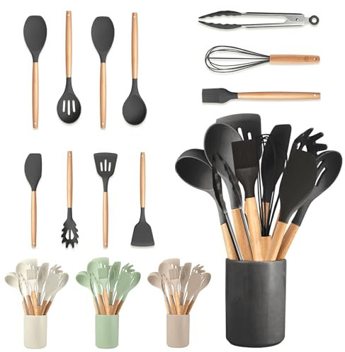 JUPPLIES 12 Piezas Juego de Utensilios de Cocina de Silicona con Mangos de Madera - Accesorios de Cocina Resistente al Calor - Utensilios Cozinha Apto para Todas Las Ollas y Sartenes - Negro