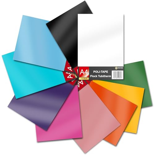 Tubitherm Textilfolie DIN A4 Format Flockfolie 21x29,7cm Plotterfolie für Plotter Stoff Kleidung T-Shirt Bekleidung Bügelfolie Flock Folie (Set 4, 10er Set Bunt)