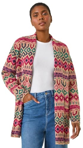 Roman Originals Women Cardigan - Ladies Longline Coatigan Tassel Open Front Cardi Winter Autumn Casual Textured Edge to Edge Yarn Patterned Comfy Work Going Out - Off White Multi - Size 18