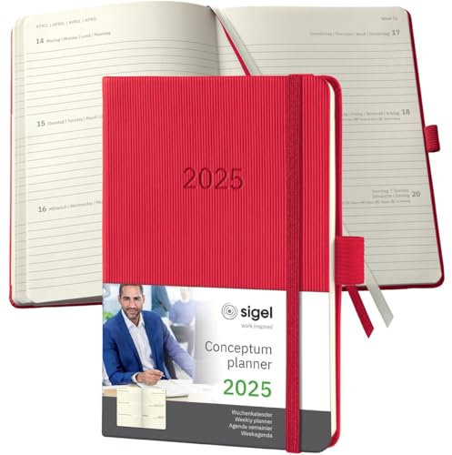 Wochenkalender Conceptum A6 2025 rot - SIGEL - 1 Woche auf 2 Seiten - Terminplaner Hardcover mit Stiftschlaufe, Quickpocket, Archivtasche, 2 Zeichenbänder und Stickerbogen - 10,8 cm x 15,1 cm