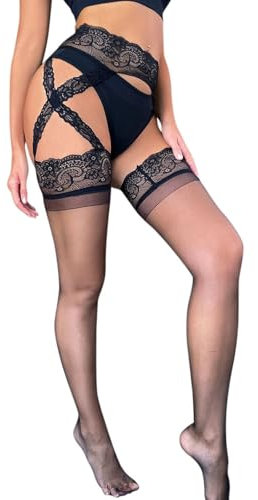 MIZSPISE Bas Porte Jarretelles Femme Sexy Dentelle Collant avec Jarretelle Tenue Hot Lingerie Feminine Bas Hauts de Cuisse (FR/ES, Alpha/lettres, Taille unique, Taille normale, Taille normale, noir)