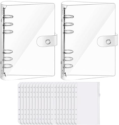 A6 Ringbuch Set,2 Transparente Ringbinder und 20 Innentaschen, Wasserdicht, Nachfüllbar für Büro, Schule, Journal und Buchorganisation